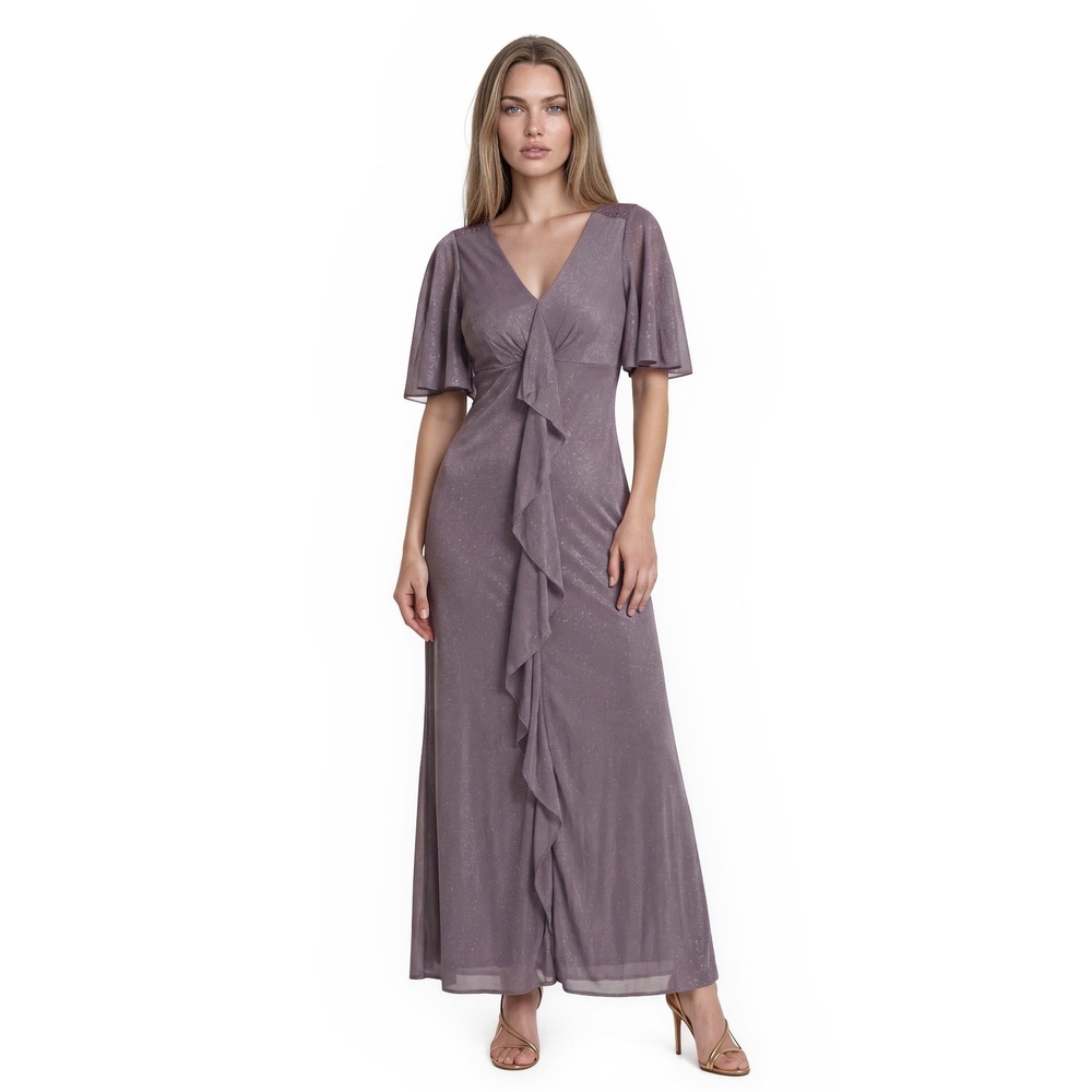 NWT SLNY Maxi Dress Women's Size 12 Mauve Metallic Sequin Ruffle Flutter Evening